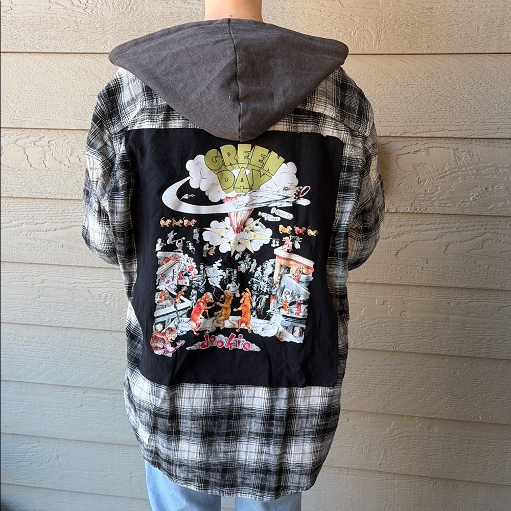 Green Day Upcycled Flannel Shirt Handmade Size Large L with Hood - Picture 2 of 4